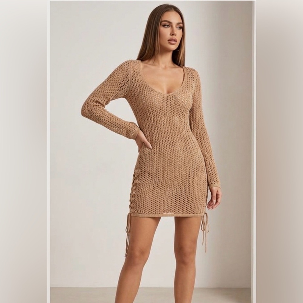 SHEIN Tan Ribbed Long Sleeve Bodycon Dress